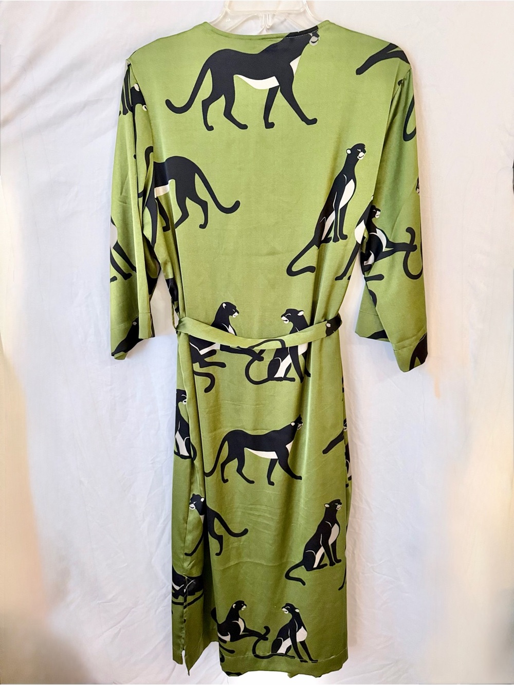 Satin Wrap Maxi Dress Robe Green Panther Jaguar Cat - Picture 4 of 8